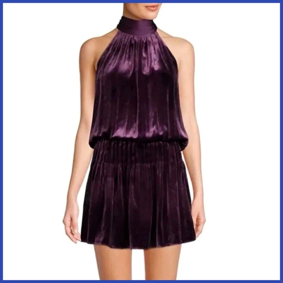 Ramy Brook Velvet Halter Paige Dark Purple Mini Dress